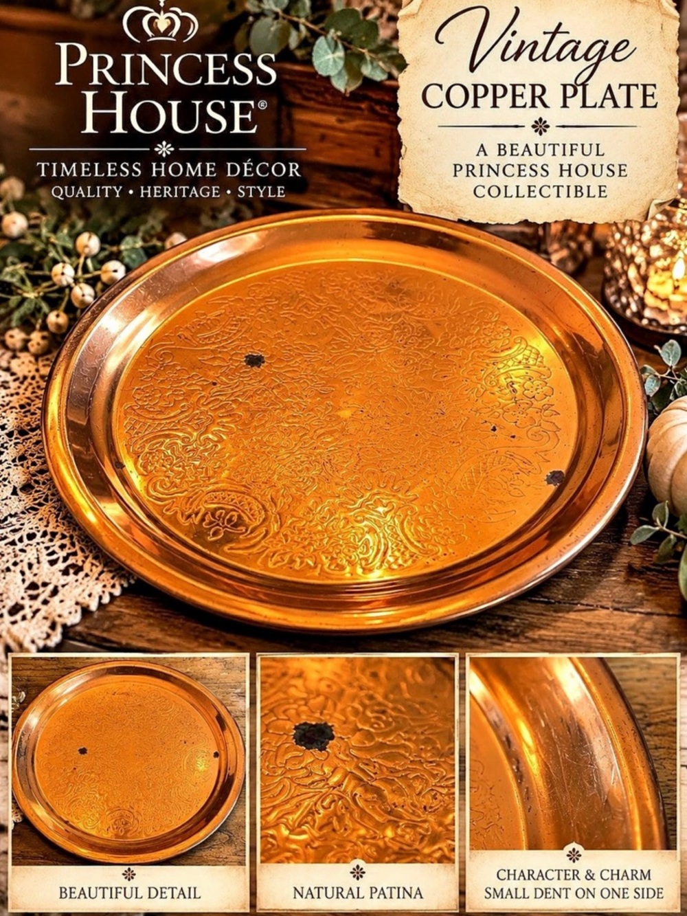 Princess House Heritage Copper Serving Tray Floral Gold